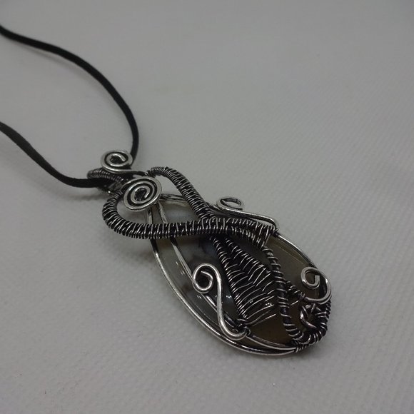 Artistic "MONTANA AGATE" Handmade Silver Wire-Wrapped Pendant/Black Leather 891 - Picture 1 of 3